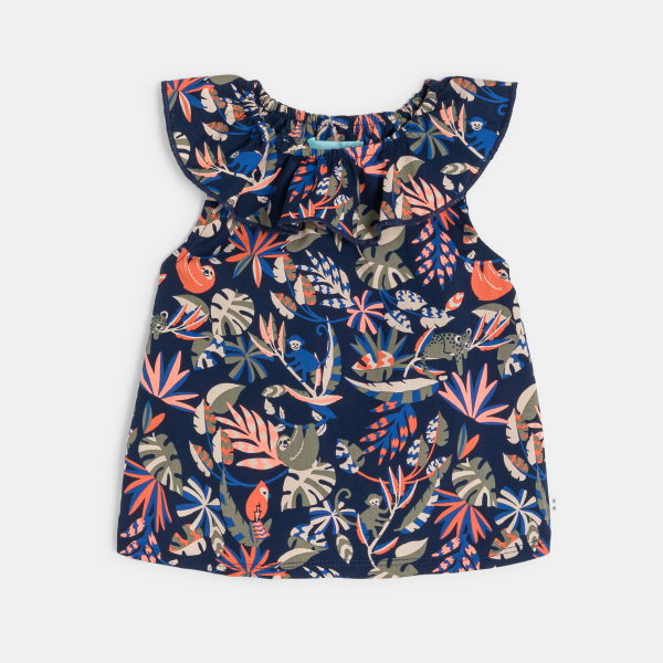 بلوزة بياقة مكشكشة للطفلة الرضيعة وشورت جينز أزرق خفيف